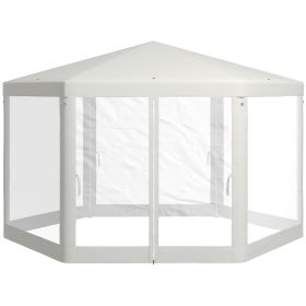 Outsunny 13' x 11' Sun Shelter, Hexagon with Mesh Screen Walls, Cream White for Outdoor Parties