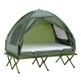 Outsunny 2-Person Foldable Camping Cot, Portable Outdoor w/ Bedspread & Thick Air Mattress, 4-In-1 Elevated Camping Bed Tent for Hiking, Picnic, Green