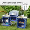 Outsunny Aluminum Camping Kitchen, Portable Folding Camping Table with Fabric Cupboards, Windshield, Bag for BBQ, Picnic, Blue