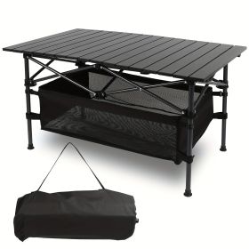 Folding Camping Table, Roll-up Ultra Compact Outdoor Portable Fold Up Lightweight beach Table, with Large Storage and Carry Bag, for Outdoor Cooking (Color: Black)